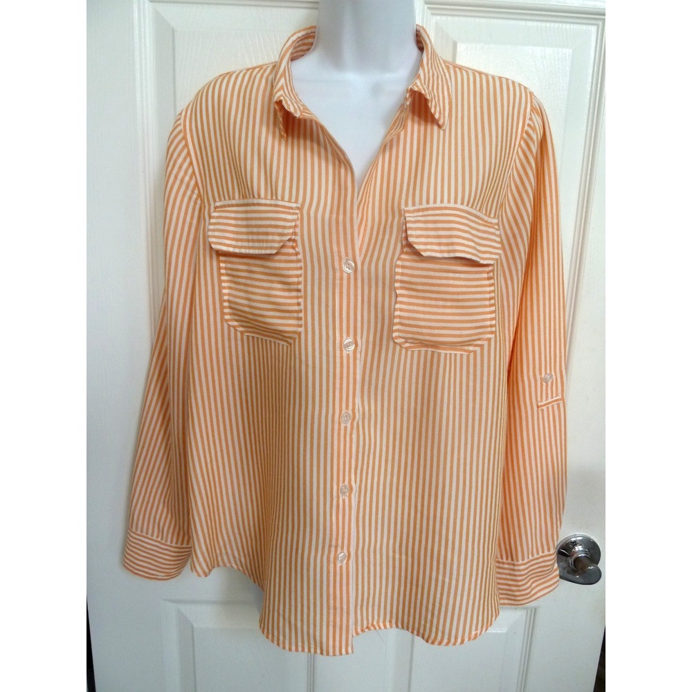 VELVET HEART Sz L Vert. Striped Blouse Pockets Roll-Tab Sleeves Preppy Office